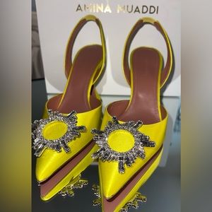 Amina Muaddi Crystal Begum Satin Sling Back Heels Lemon Yellow size 9 US / 39 EU